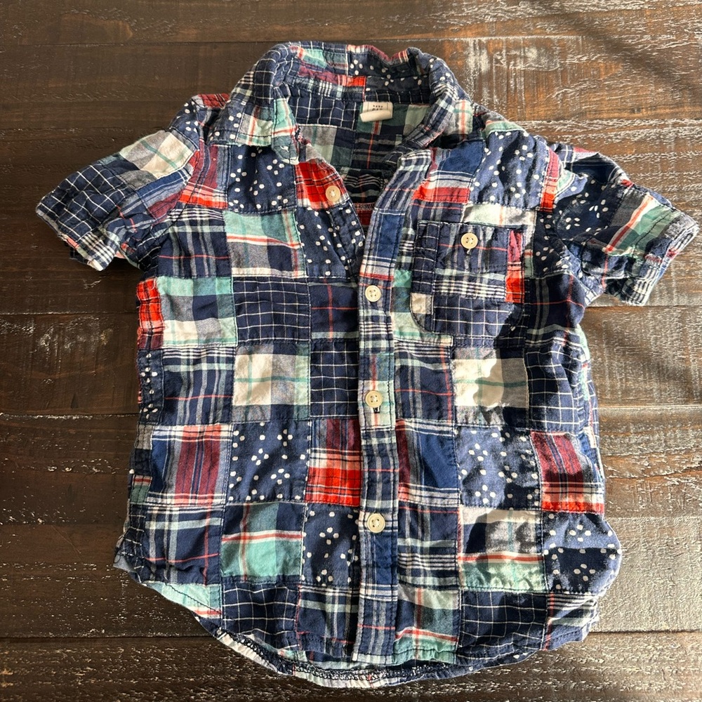 GAP Kids Multicolor patriotic Patchwork Plaid Shirt- red white blue 100% cotton